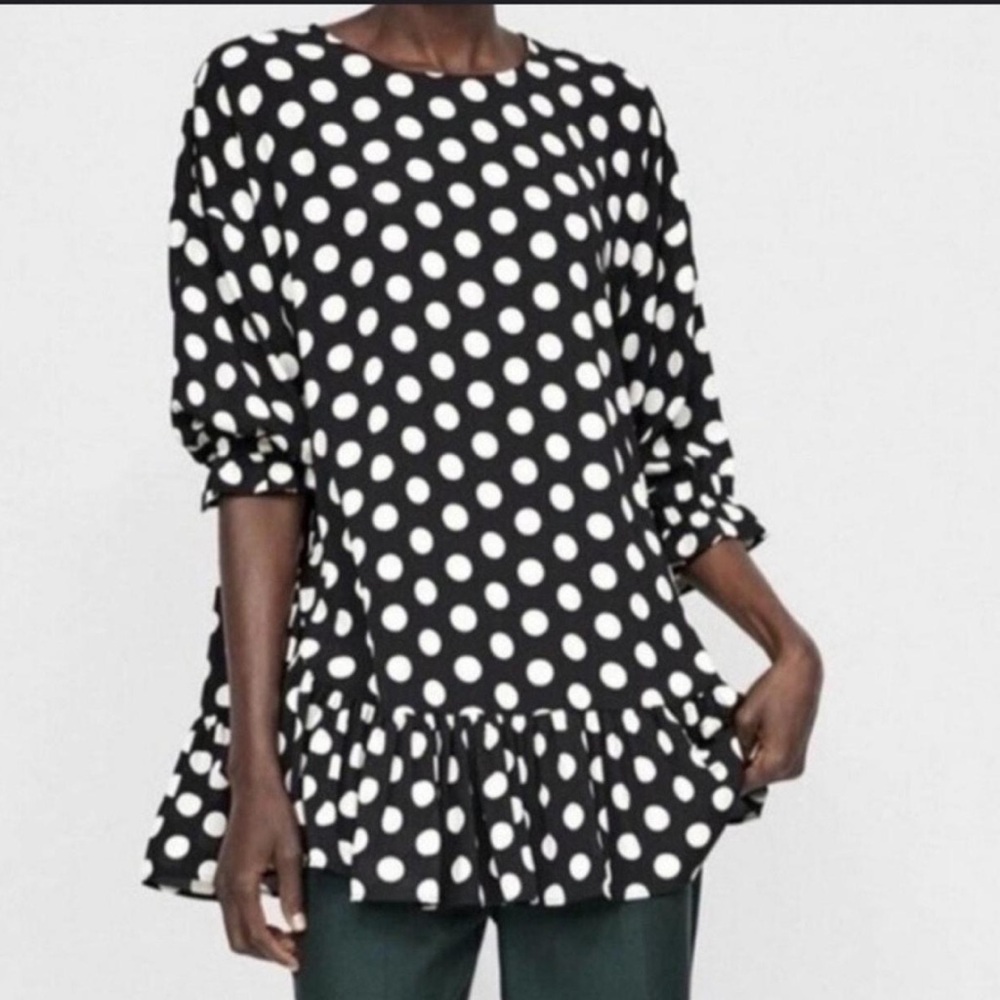 3/$30 Zara Size Medium Black & White Polka Dot Ruffle Tunic Top Blouse